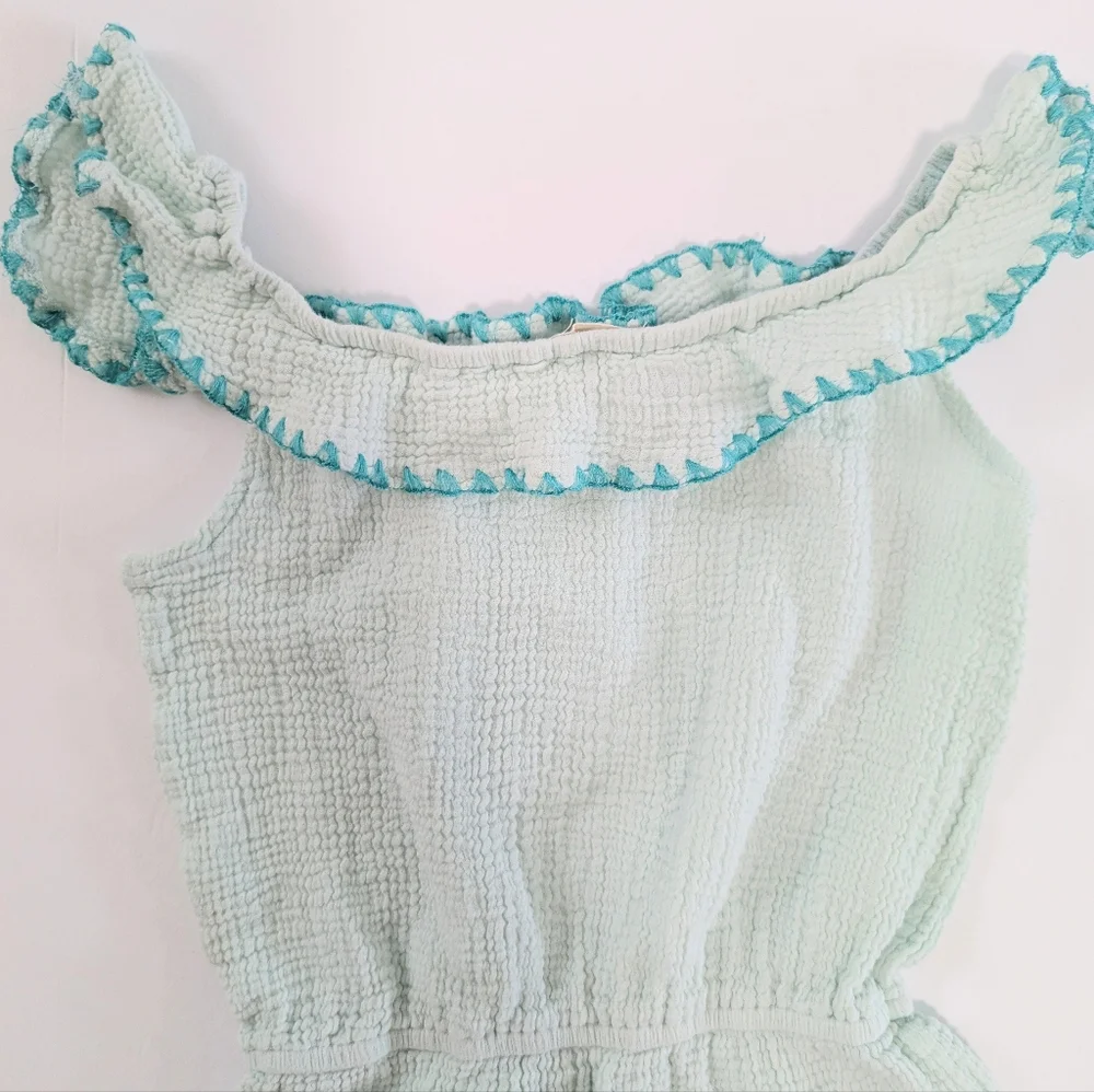 Eberjey Girls Nomad Off Shoulder Romper Ruffle Trim Shorts Gauzy Teal Blue 8